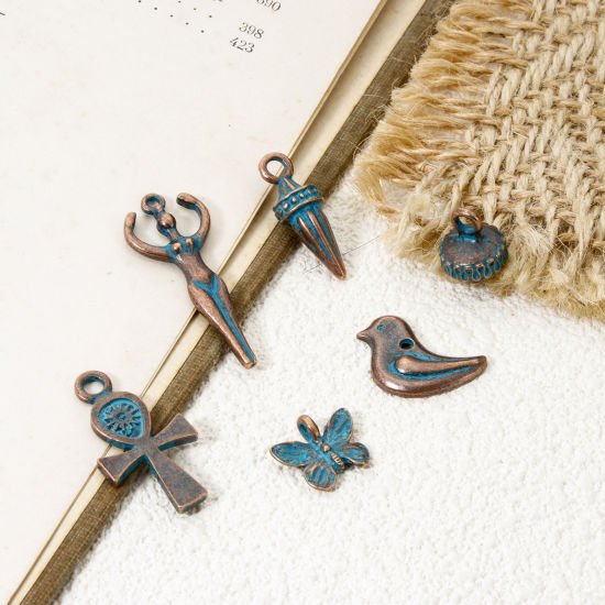 Bild von Zinklegierung Patina Anhänger Rotkupferfarbe Blau Ankh ägyptisches Kreuz Vogel