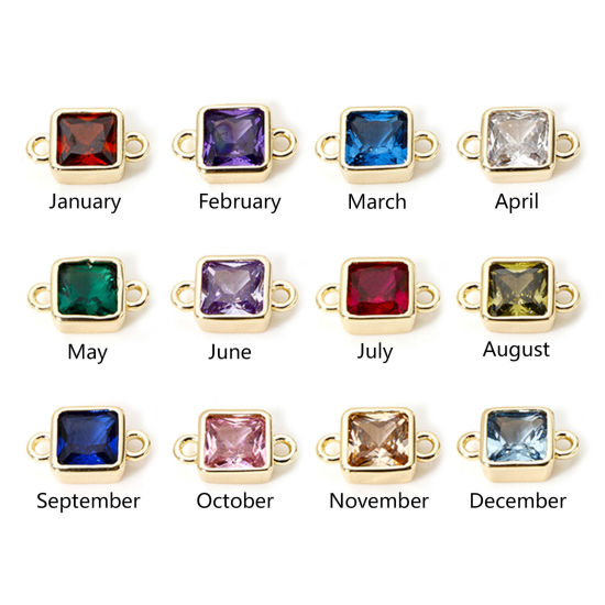 Immagine di 2 Pz Ecologico Ottone Pietre Nascita Pendenti Charms Connettori 18K Vero Oro Placcato Quadrato Multicolore Cubic Zirconiae 12mm x 7mm