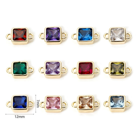Immagine di 2 Pz Ecologico Ottone Pietre Nascita Pendenti Charms Connettori 18K Vero Oro Placcato Quadrato Multicolore Cubic Zirconiae 12mm x 7mm