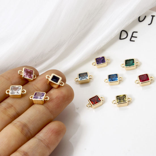 Immagine di 2 Pz Ecologico Ottone Pietre Nascita Pendenti Charms Connettori 18K Vero Oro Placcato Quadrato Multicolore Cubic Zirconiae 12mm x 7mm