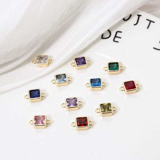 Immagine di 2 Pz Ecologico Ottone Pietre Nascita Pendenti Charms Connettori 18K Vero Oro Placcato Quadrato Multicolore Cubic Zirconiae 12mm x 7mm