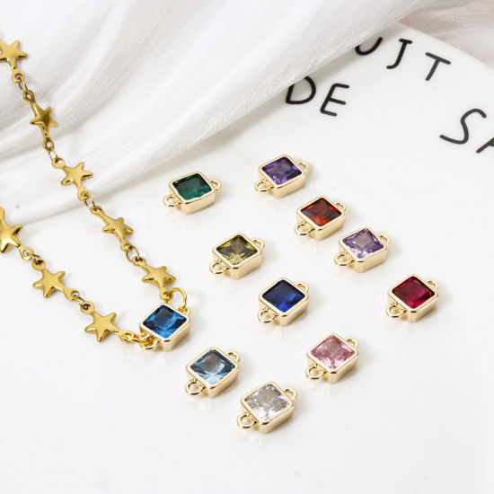 Immagine di 2 Pz Ecologico Ottone Pietre Nascita Pendenti Charms Connettori 18K Vero Oro Placcato Quadrato Multicolore Cubic Zirconiae 12mm x 7mm