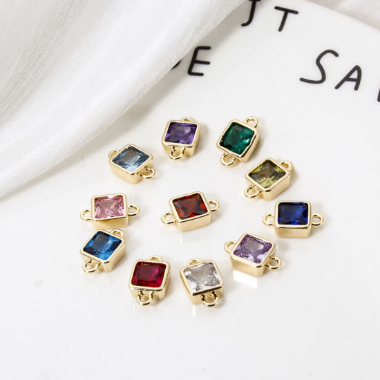 Immagine di 2 Pz Ecologico Ottone Pietre Nascita Pendenti Charms Connettori 18K Vero Oro Placcato Quadrato Multicolore Cubic Zirconiae 12mm x 7mm