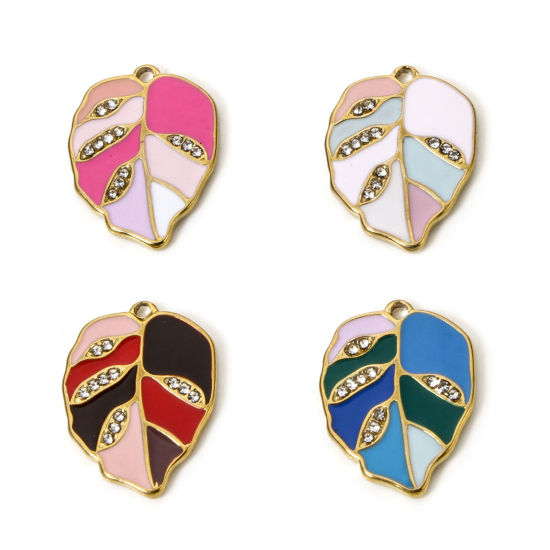 Picture of Eco-friendly PVD Vacuum Plating 304 Stainless Steel Flora Collection Charms 18K Real Gold Plated Leaf Enamel Clear Rhinestone 22mm x 16mm