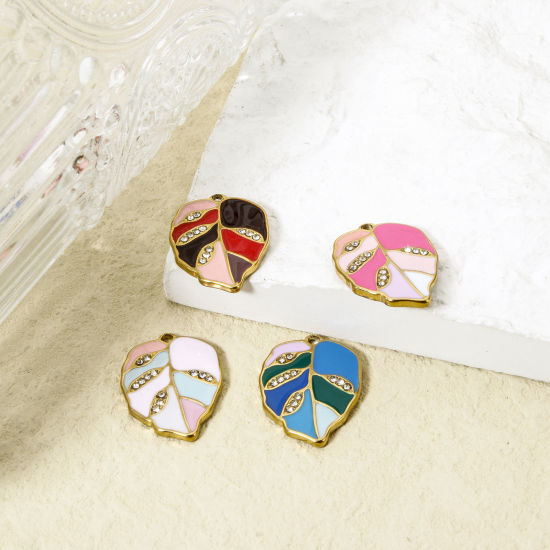 Picture of Eco-friendly PVD Vacuum Plating 304 Stainless Steel Flora Collection Charms 18K Real Gold Plated Leaf Enamel Clear Rhinestone 22mm x 16mm