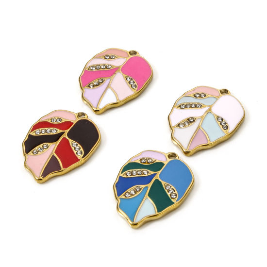 Picture of Eco-friendly PVD Vacuum Plating 304 Stainless Steel Flora Collection Charms 18K Real Gold Plated Leaf Enamel Clear Rhinestone 22mm x 16mm