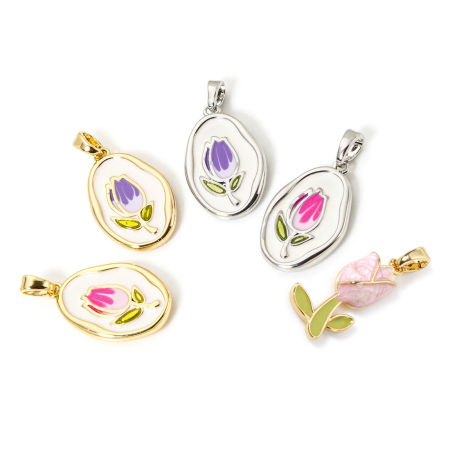 Eco-friendly Brass Charm Pendant Real Gold Plated Enamel Oval Tulip Flower Enamel