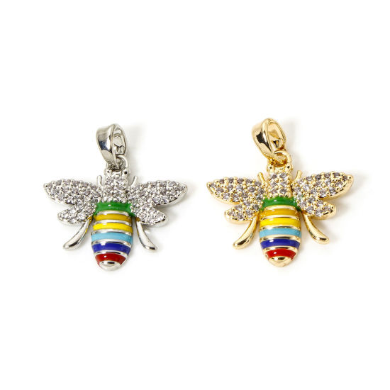 Imagen de 1 Unidad Respetuoso del Medio Ambiente Latón Insecto Colgantes Charms Oro Real Chapado Multicolor Esmalte Abejas Claro Circón Artificial 21mm x 19mm
