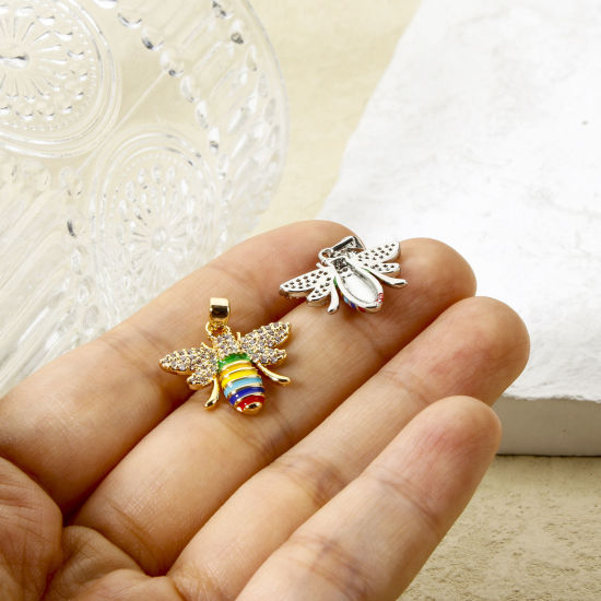 Imagen de 1 Unidad Respetuoso del Medio Ambiente Latón Insecto Colgantes Charms Oro Real Chapado Multicolor Esmalte Abejas Claro Circón Artificial 21mm x 19mm