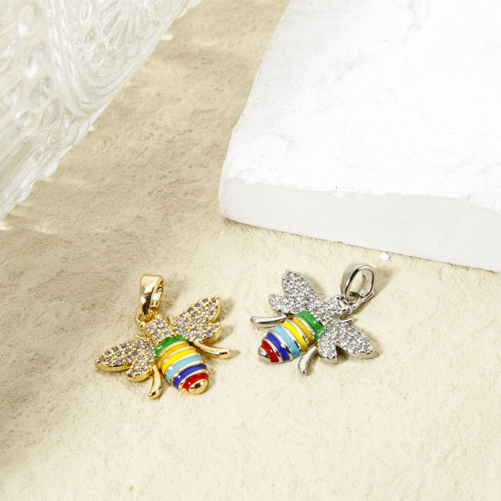 Imagen de 1 Unidad Respetuoso del Medio Ambiente Latón Insecto Colgantes Charms Oro Real Chapado Multicolor Esmalte Abejas Claro Circón Artificial 21mm x 19mm