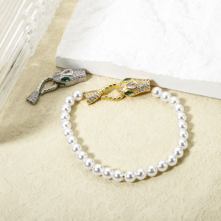 Eco-friendly Brass Hook Clasps Snake Animal Real Gold Plated Clear Cubic Zirconia 38mm x 11mm