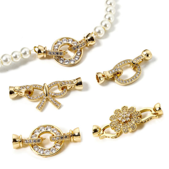 Picture of Brass Fold Over Clasps Bowknot Flower 18K Gold Plated Clear Cubic Zirconia