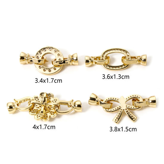 Picture of Brass Fold Over Clasps Bowknot Flower 18K Gold Plated Clear Cubic Zirconia