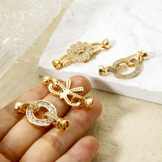 Picture of Brass Fold Over Clasps Bowknot Flower 18K Gold Plated Clear Cubic Zirconia