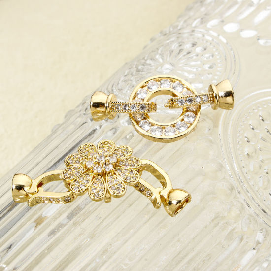 Picture of Brass Fold Over Clasps Bowknot Flower 18K Gold Plated Clear Cubic Zirconia