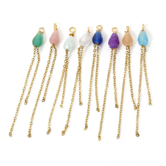 Image de 2 Pcs Breloques en 304 Acier Inoxydable Revêtement sous Vide PVD Respectueux de l'Environnement Goutte d'Eau Plaqué Or 18K Franges A Facettes 4.5cm x 0.4cm