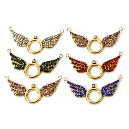 Image de 1 Pièce Connecteurs Pendentifs Breloques en 304 Acier Inoxydable Placage Sous Vide Écologique Plaqué Or 18K Aile Micro Pave à Strass Coloré 3.6cm x 1.8cm