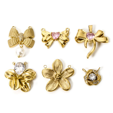 Image de 1 Pièce Connecteurs Pendentifs Breloques en 304 Acier Inoxydable Placage Sous Vide Écologique Plaqué Or 18K Nœuds Papillon Fleurs