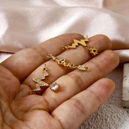 Imagen de 1 Unidad Enchapado al Vacío Ecológico 304 Acero Inoxidable día de San Valentín Conectores Dijes Colgantes Electrocardiograma Chapado en Oro de 18K Flecha Mensaje " Amor " Transparente Rhinestone