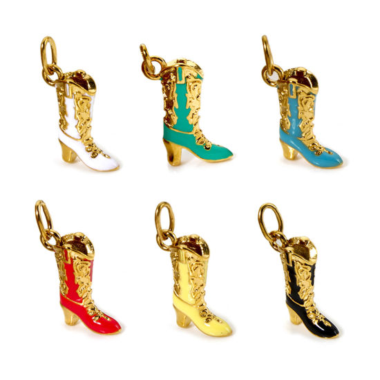 Bild von Umweltfreundliche PVD-Vakuumbeschichtung 304 Edelstahl West-Cowboy Charms Stiefel 14K Echtgold plattiert Emaille 23mm x 15mm
