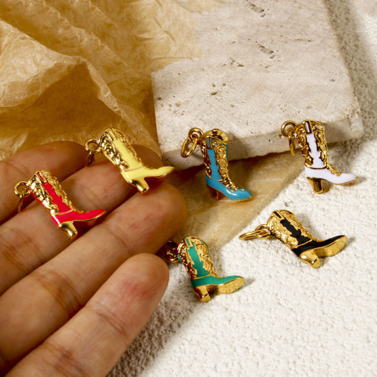 Bild von Umweltfreundliche PVD-Vakuumbeschichtung 304 Edelstahl West-Cowboy Charms Stiefel 14K Echtgold plattiert Emaille 23mm x 15mm