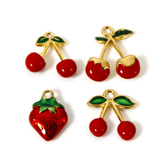 Picture of Vacuum Plating 304 Stainless Steel Flora Collection Charms 18K Gold Plated Red Enamel