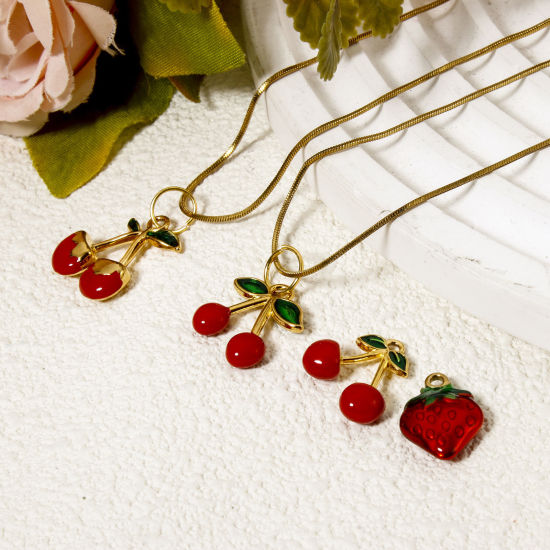 Picture of Vacuum Plating 304 Stainless Steel Flora Collection Charms 18K Gold Plated Red Enamel