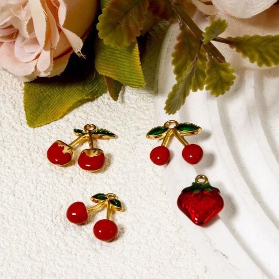 Picture of Vacuum Plating 304 Stainless Steel Flora Collection Charms 18K Gold Plated Red Enamel