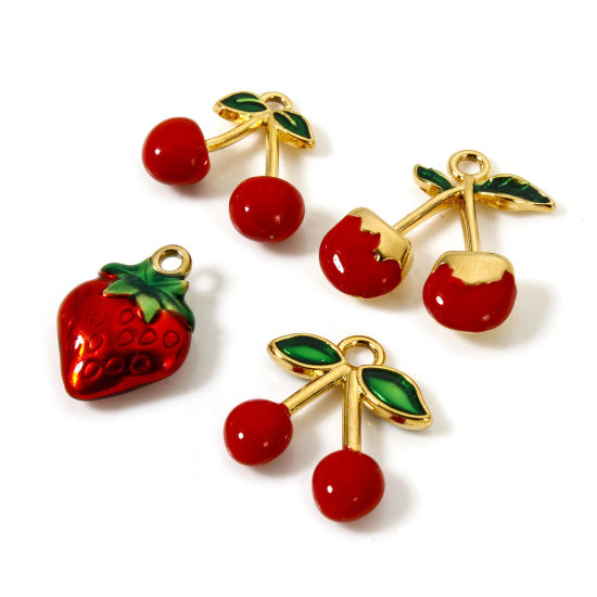 Picture of Vacuum Plating 304 Stainless Steel Flora Collection Charms 18K Gold Plated Red Enamel