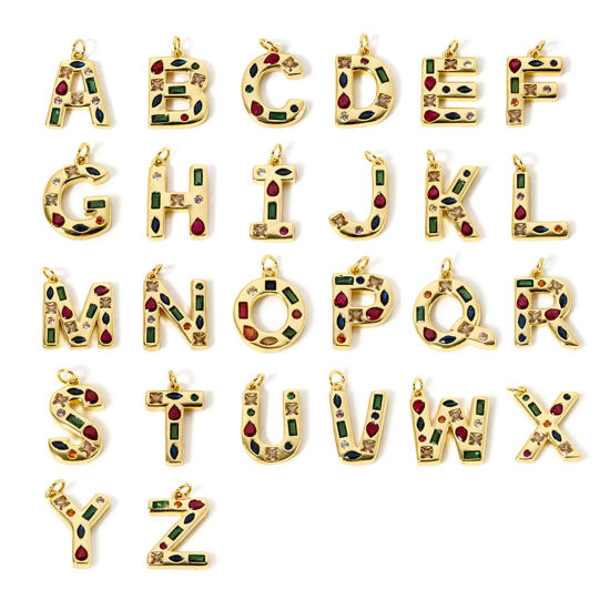Imagen de 2 Unidades Respetuoso del Medio Ambiente Latón Colgantes 18K Oro Real Chapado Letra Mayúscula Mensaje " A-Z " Multicolor Rhinestone
