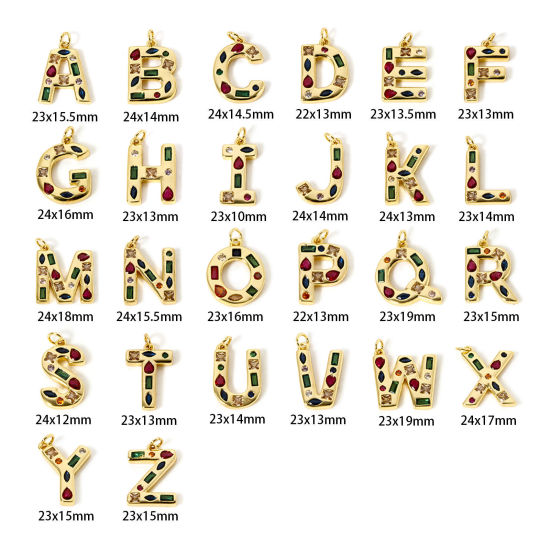 Imagen de 2 Unidades Respetuoso del Medio Ambiente Latón Colgantes 18K Oro Real Chapado Letra Mayúscula Mensaje " A-Z " Multicolor Rhinestone