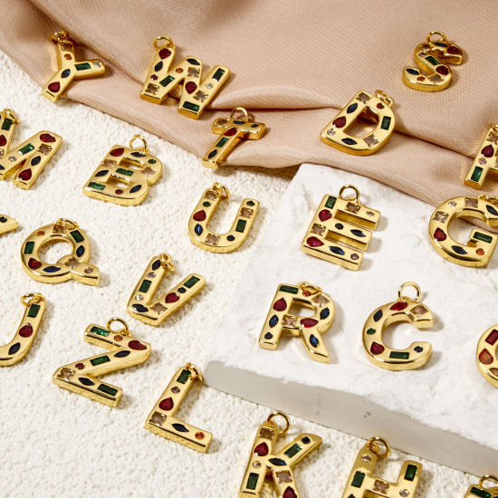 Imagen de 2 Unidades Respetuoso del Medio Ambiente Latón Colgantes 18K Oro Real Chapado Letra Mayúscula Mensaje " A-Z " Multicolor Rhinestone