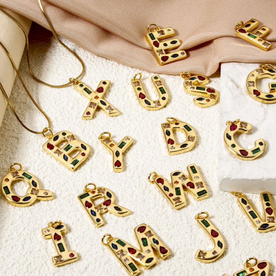 Imagen de 2 Unidades Respetuoso del Medio Ambiente Latón Colgantes 18K Oro Real Chapado Letra Mayúscula Mensaje " A-Z " Multicolor Rhinestone