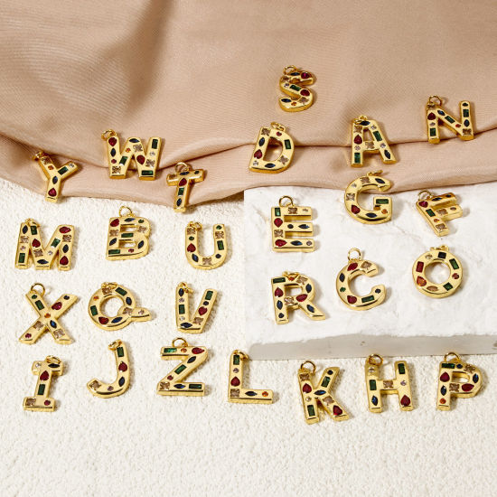 Imagen de 2 Unidades Respetuoso del Medio Ambiente Latón Colgantes 18K Oro Real Chapado Letra Mayúscula Mensaje " A-Z " Multicolor Rhinestone