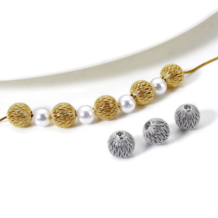 Eco-friendly Brass Beads For DIY Jewelry Making Real Gold Plated Round Texture Hollow 10mm Dia., Hole: Approx 2.2mm