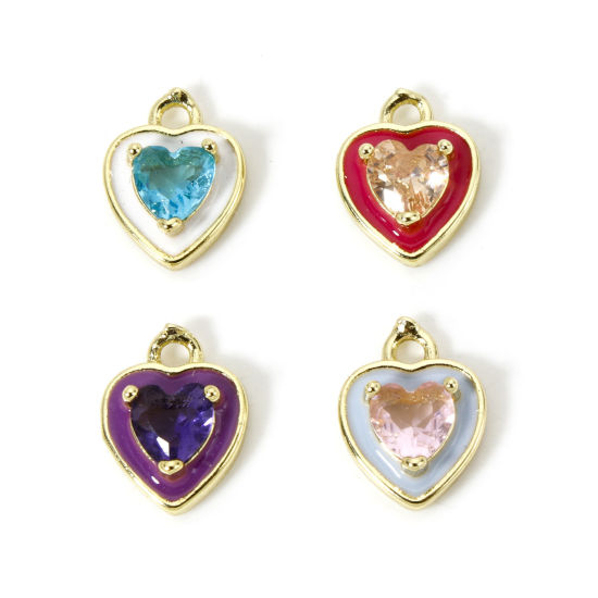 Image de 2 Pcs Breloques La Saint Valentin Respectueux de la Nature en Laiton Plaqué Or Véritable 18K Cœur Émail 12mm x 9mm