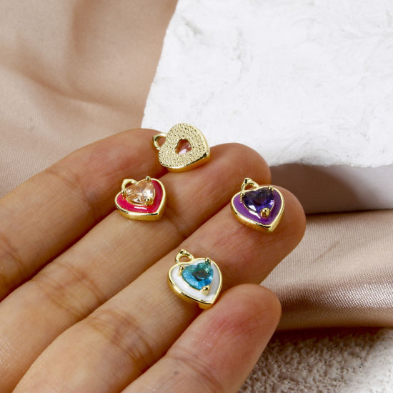 Image de 2 Pcs Breloques La Saint Valentin Respectueux de la Nature en Laiton Plaqué Or Véritable 18K Cœur Émail 12mm x 9mm
