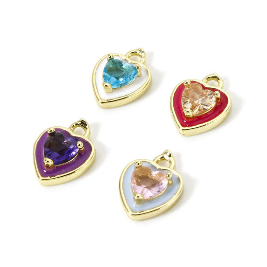 Image de 2 Pcs Breloques La Saint Valentin Respectueux de la Nature en Laiton Plaqué Or Véritable 18K Cœur Émail 12mm x 9mm