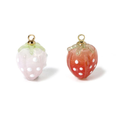 Brass & Resin Charms Strawberry Fruit 18K Gold Plated Multicolor 3D 17mm x 12mm
