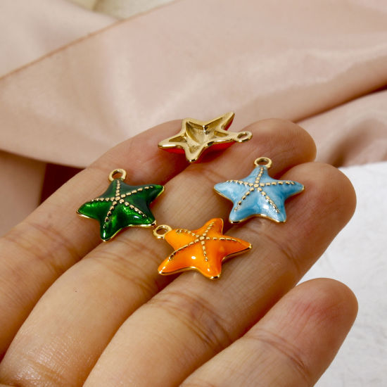 Imagen de 1 Unidad Recubrimiento al Vacío PVD Ecológico 304 Acero Inoxidable Joyería del océano Colgantes Estrella de mar 14K Oro Real Chapado Esmalte 16mm x 15mm
