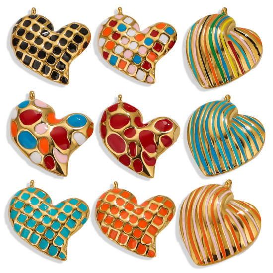 Picture of Eco-friendly PVD Vacuum Plating 304 Stainless Steel Valentine's Day Charms 18K Gold Plated Heart Enamel 28mm x 24mm