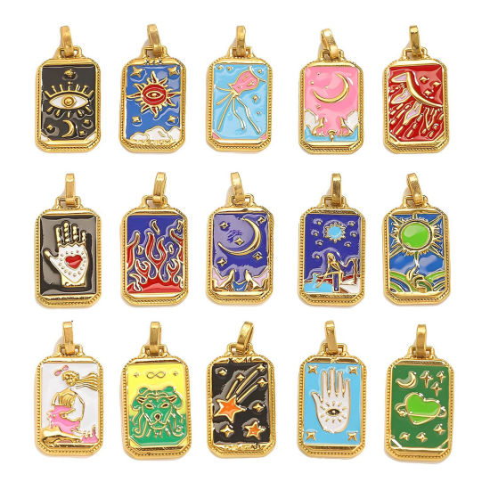 Image de 1 Pièce Pendentifs en 304 Acier Inoxydable Revêtement sous Vide PVD Respectueux de l'Environnement Tarot Rectangle Plaqué Or 18K Émail 3.1cm x 1.4cm