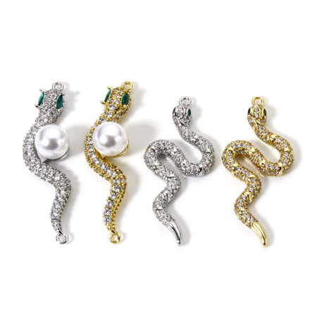 Picture of Brass Connectors Charms Pendants Multicolor Snake Animal Micro Pave Clear Cubic Zirconia