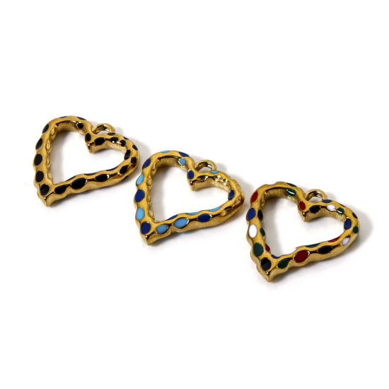 Image de 2 Pcs Breloques en 304 Acier Inoxydable Placage Sous Vide Écologique La Saint Valentin Cœur Plaqué Or 18K Émail Creux 21mm x 20mm