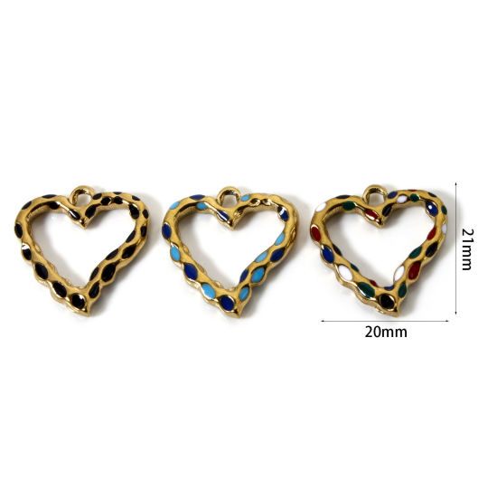 Image de 2 Pcs Breloques en 304 Acier Inoxydable Placage Sous Vide Écologique La Saint Valentin Cœur Plaqué Or 18K Émail Creux 21mm x 20mm