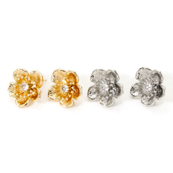Bild von Umweltfreundlich Messing Flora Kollektion Ohrring Ohrstecker Echtgold plattiert Blumen Klar Kubisch Zirkonia Mit Öse 21mm x 21mm