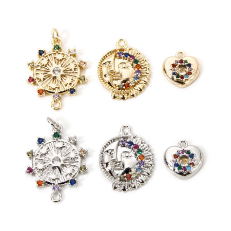 Image de 1 Pièce Breloques Respectueux de la Nature en Laiton Plaqué Or Véritable Micro Pave à Zircone Cubique Multicolore