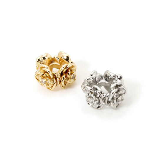 Picture of Eco-friendly Brass Spacer Beads For DIY Bracelet Jewelry Making Findings Real Gold Plated Flower Micro Pave Clear Cubic Zirconia 9mm x 9mm, Hole: Approx 3mm