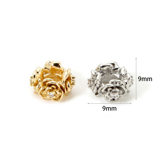 Picture of Eco-friendly Brass Spacer Beads For DIY Bracelet Jewelry Making Findings Real Gold Plated Flower Micro Pave Clear Cubic Zirconia 9mm x 9mm, Hole: Approx 3mm