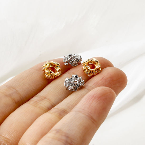 Picture of Eco-friendly Brass Spacer Beads For DIY Bracelet Jewelry Making Findings Real Gold Plated Flower Micro Pave Clear Cubic Zirconia 9mm x 9mm, Hole: Approx 3mm